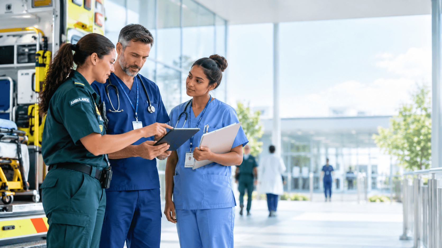 Illustrative care professionals reviewing evidence and service information together