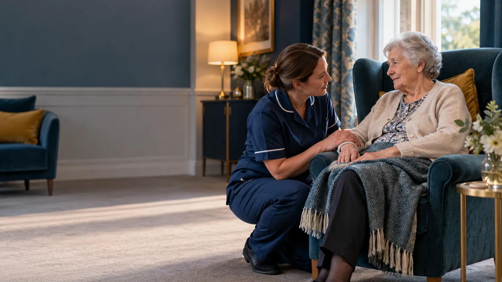 A carer kneeling to talk with an older woman in a lounge chair