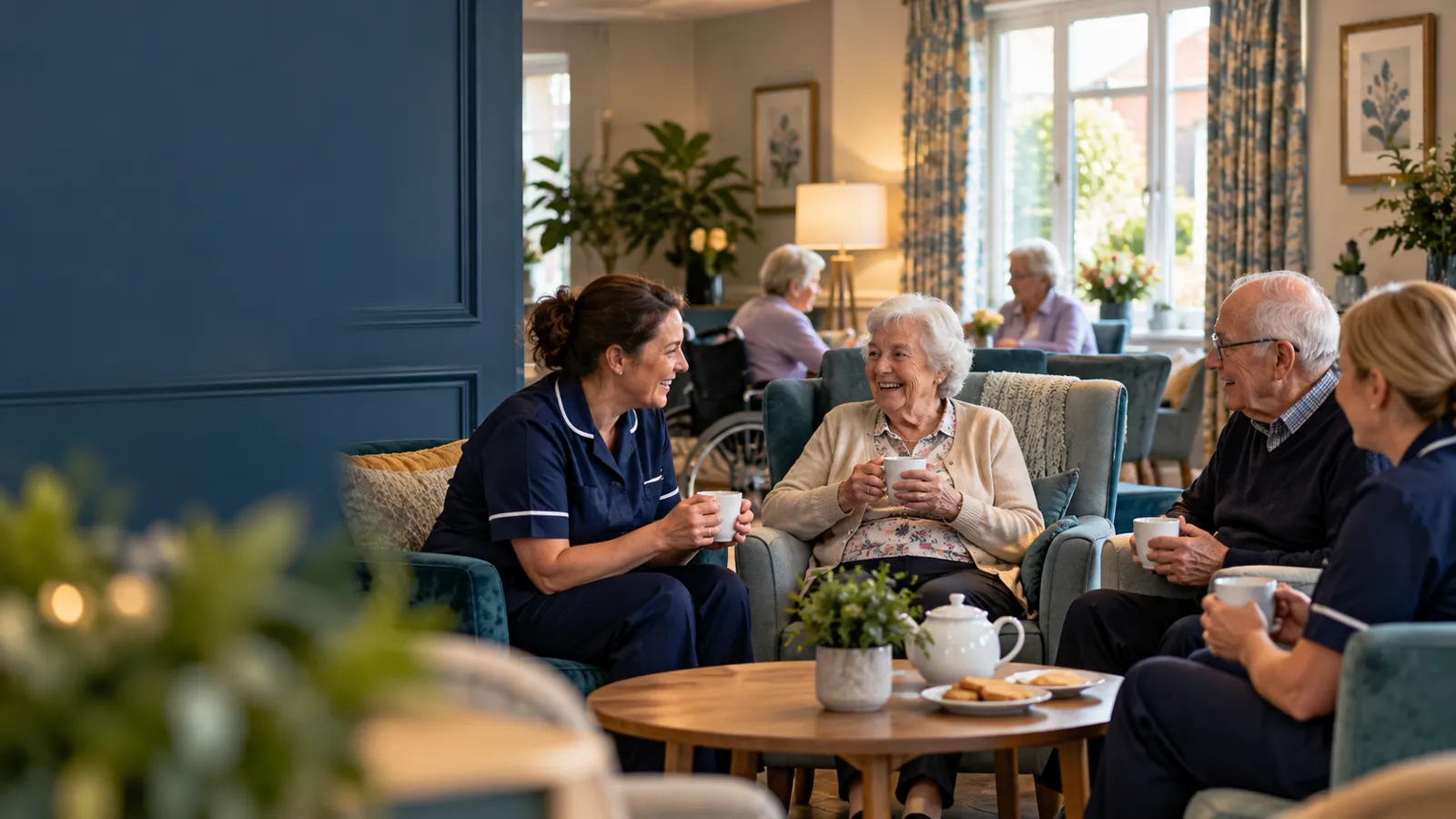 Residents and staff sharing tea in a bright care home lounge
