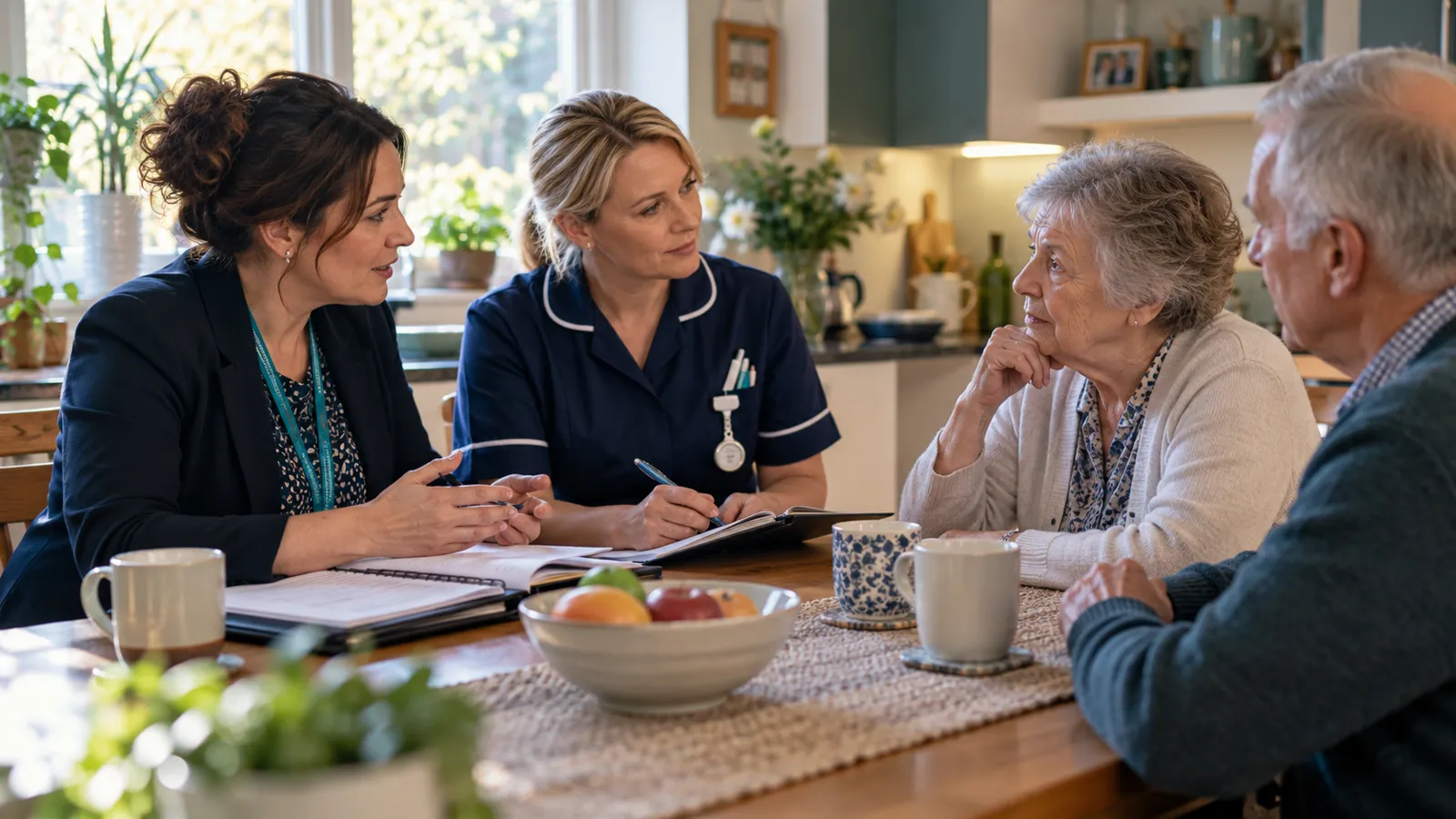A care manager and nurse talking with residents around a kitchen table