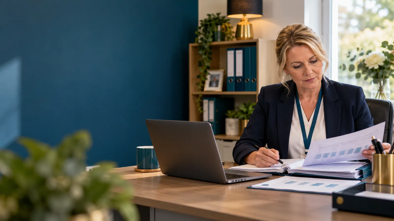 A care manager reviewing paperwork at her desk