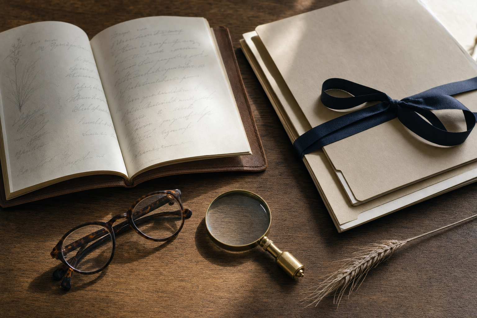 A desk with an open notebook, reading glasses, magnifier and folders tied with a navy ribbon.