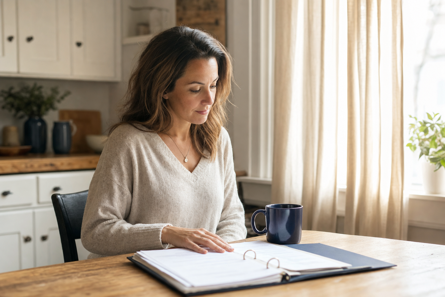 A parent quietly reading a case file at a kitchen table.