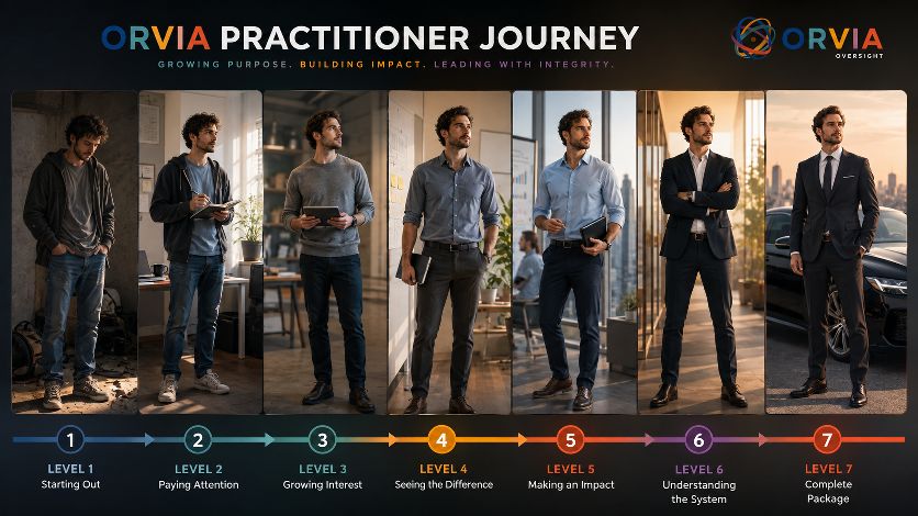 ORVIA Practitioner Journey. A seven-level progression from Level 1 Starting Out to Level 7 Complete Package, with the same person shown at each stage: Level 1 Starting Out (service foundations), Level 2 Paying Attention (responsibility grows), Level 3 Growing Interest, Level 4 Seeing the Difference, Level 5 Making an Impact, Level 6 Understanding the System, Level 7 Complete Package. Growing purpose. Building impact. Leading with integrity.