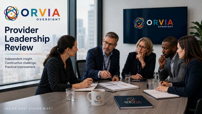 An ORVIA-branded meeting: five provider leaders around a table in conversation, with an ORVIA screen behind them. Provider Leadership Review — Independent insight, constructive challenge, practical improvement. Seeing What Others Miss.