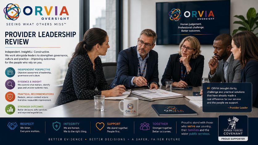 Full Provider Leadership Review overview: Independent Perspective, Evidence & Insight, Practical Recommendations, Stronger Outcomes — supported by the ORVIA values of Respect, Integrity, Support and Together. Armed Forces Covenant Proud Supporter.