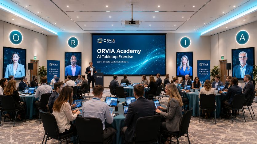 ORVIA Academy AI Tabletop Exercise in a large event ballroom: main-stage screen reads &lsquo;ORVIA Academy &mdash; AI Tabletop Exercise &mdash; Learn. Simulate. Lead with Confidence.&rsquo; Four AI faculty panels along the walls displaying ORVIA-branded facilitator portraits. Twenty-plus delegates sit around circular tables with individual laptops running scenario workstreams. Ceiling ring lights spell O R I A above the room. ORVIA Academy pull-up banners flank the stage.