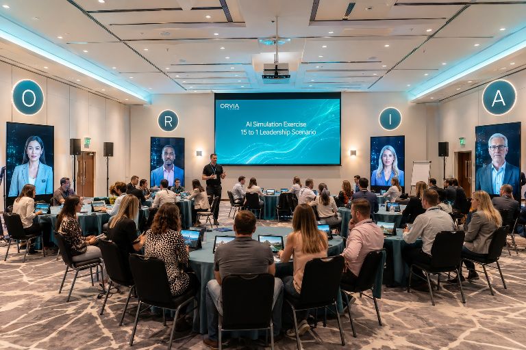 ORVIA AI Simulation Exercise in progress: full ballroom with the main screen displaying &lsquo;AI Simulation Exercise &mdash; 15 to 1 Leadership Scenario&rsquo;. AI faculty panels are lit around the room; delegates work through the scenario at circular tables with individual laptops; a presenter stands at the front introducing the challenge.