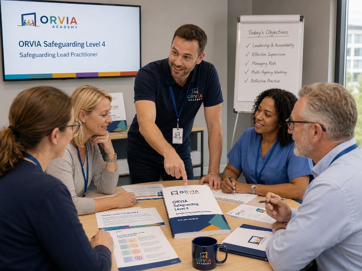 An ORVIA Academy trainer leaning over a table pointing at a Level 4 learner handbook, surrounded by four learners in a lively workshop with the day's objectives on a flip chart
