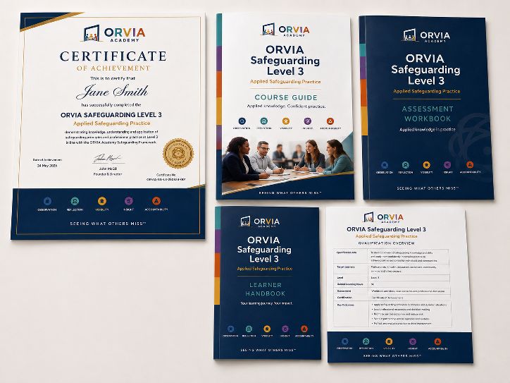 ORVIA Safeguarding Level 3 collateral flat-lay: certificate, course guide with in-person classroom cover, assessment workbook, learner handbook and qualification overview