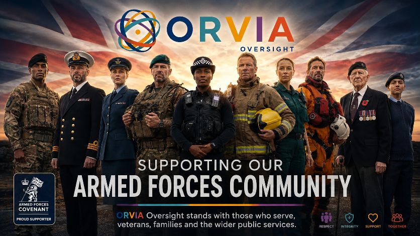 ORVIA Oversight Armed Forces Covenant banner: a group portrait of nine uniformed personnel — Army, Royal Navy, RAF, Royal Marines, Metropolitan Police, fire and rescue, paramedic, coastguard rescue and a veteran wearing poppies — standing beneath the ORVIA Oversight wordmark with a Union Flag behind them. Headline reads: Supporting our Armed Forces Community. Subhead: ORVIA Oversight stands with those who serve, veterans, families and the wider public services. Armed Forces Covenant Proud Supporter badge, plus small icons for Respect, Integrity, Support and Together.