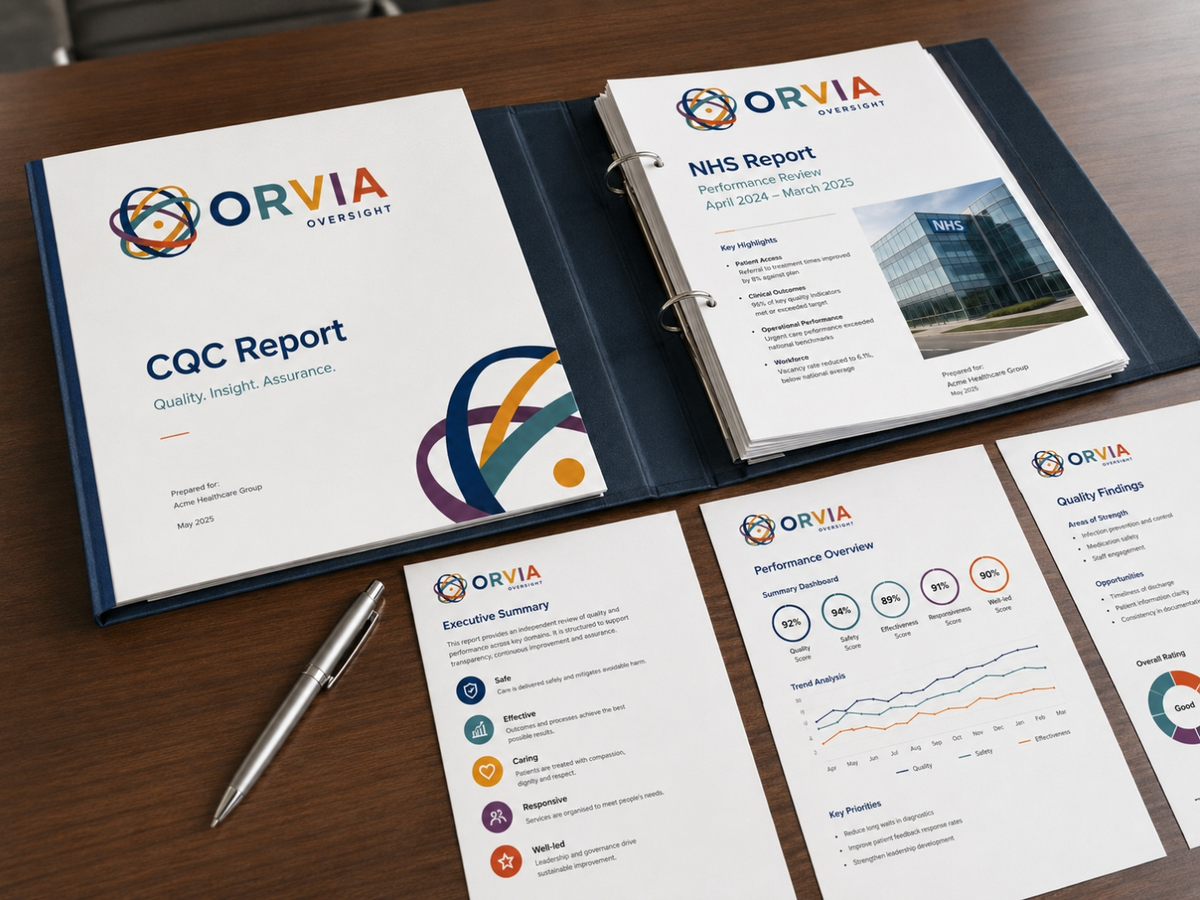 An open navy binder holding an ORVIA CQC Report and an NHS Report performance review, alongside single pages showing an executive summary and a performance dashboard with quality, safety, effectiveness and responsiveness scores.