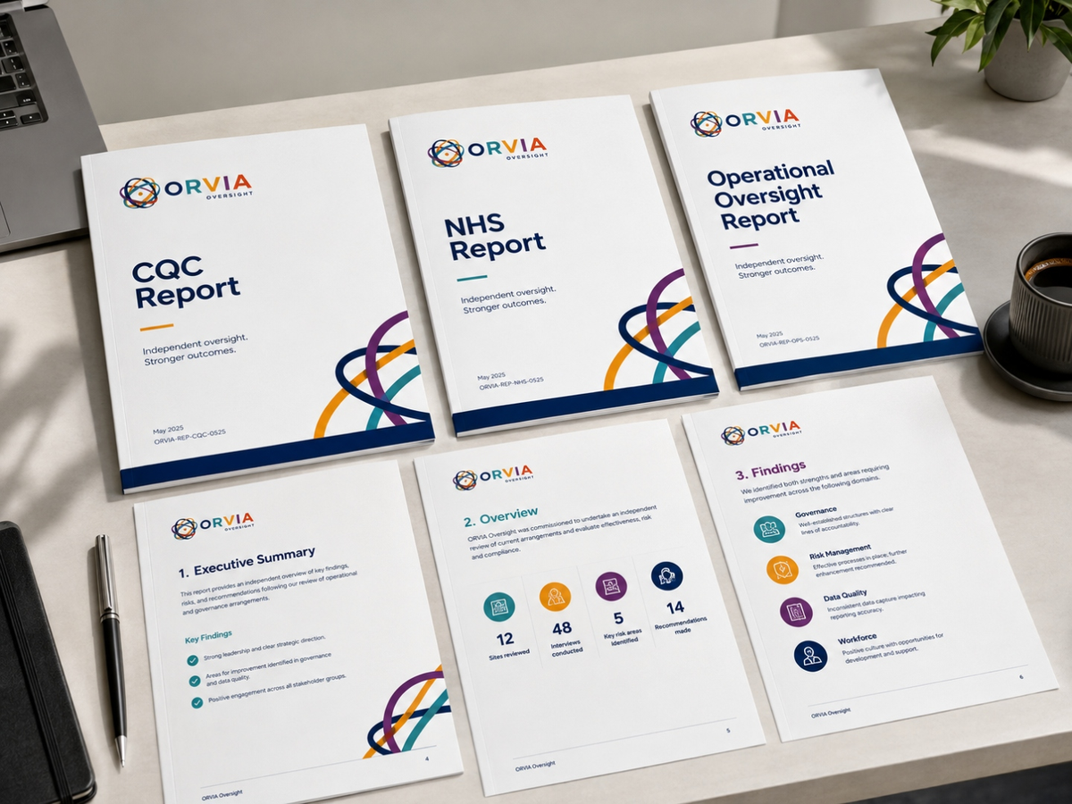 Three ORVIA Oversight report covers laid out on a light workspace &mdash; CQC Report, NHS Report and Operational Oversight Report &mdash; alongside inner pages showing Executive Summary, Overview and Findings.