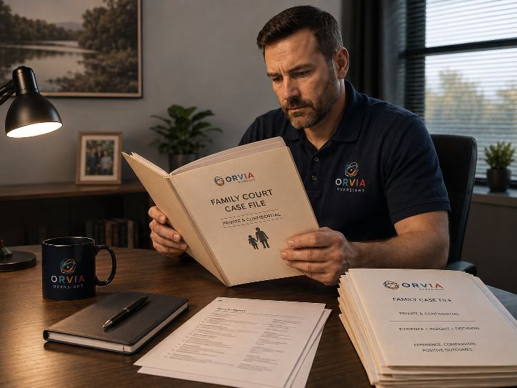 An ORVIA Oversight reviewer in a navy ORVIA polo shirt reading a bound ORVIA Family Court Case File marked Private and Confidential at a warm study desk, with an ORVIA mug, a notebook, and a stack of ORVIA Family Case File dockets labelled Evidence, Insight, Decision on the desk beside him