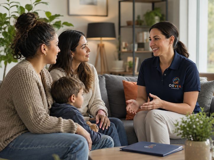An ORVIA Oversight reviewer in a navy ORVIA polo shirt sitting on a sofa in a family home, listening to a mother whose young son leans against her, with a second family member beside them and an ORVIA folder on the coffee table