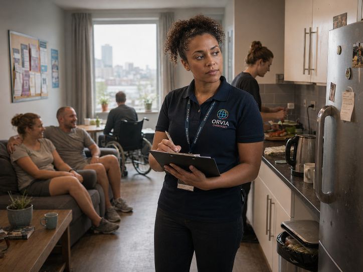 An ORVIA Oversight reviewer in a navy ORVIA polo shirt and lanyard, holding a clipboard and writing notes during a visit to a supported-living flat, with residents including a wheelchair user visible in the background and a colleague working at the kitchen counter