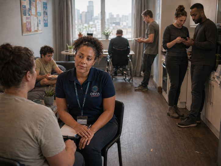 An ORVIA Oversight reviewer in a navy ORVIA polo shirt and lanyard sitting on a chair, notepad in her lap, listening carefully to a resident on a sofa in a supported-living flat, with a wheelchair user at a desk and colleagues in the kitchen visible in the background