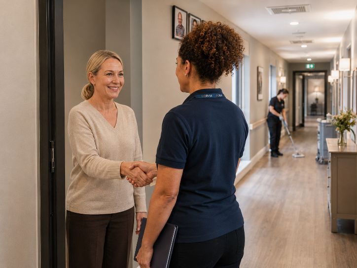 An ORVIA Oversight reviewer in a navy ORVIA polo shirt shaking hands with a care-setting manager at a doorway, with framed portraits on the corridor wall and a member of housekeeping staff working further down the corridor