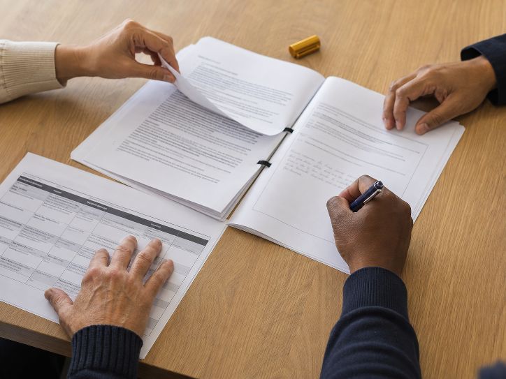 A one-page governance summary and a launch-gate checklist held together with an orange paperclip on an oak desk beside a handwritten notebook