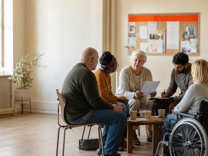A mixed group of adults, including a wheelchair user, sitting in a circle in a community hall taking notes while an older woman reads from a document