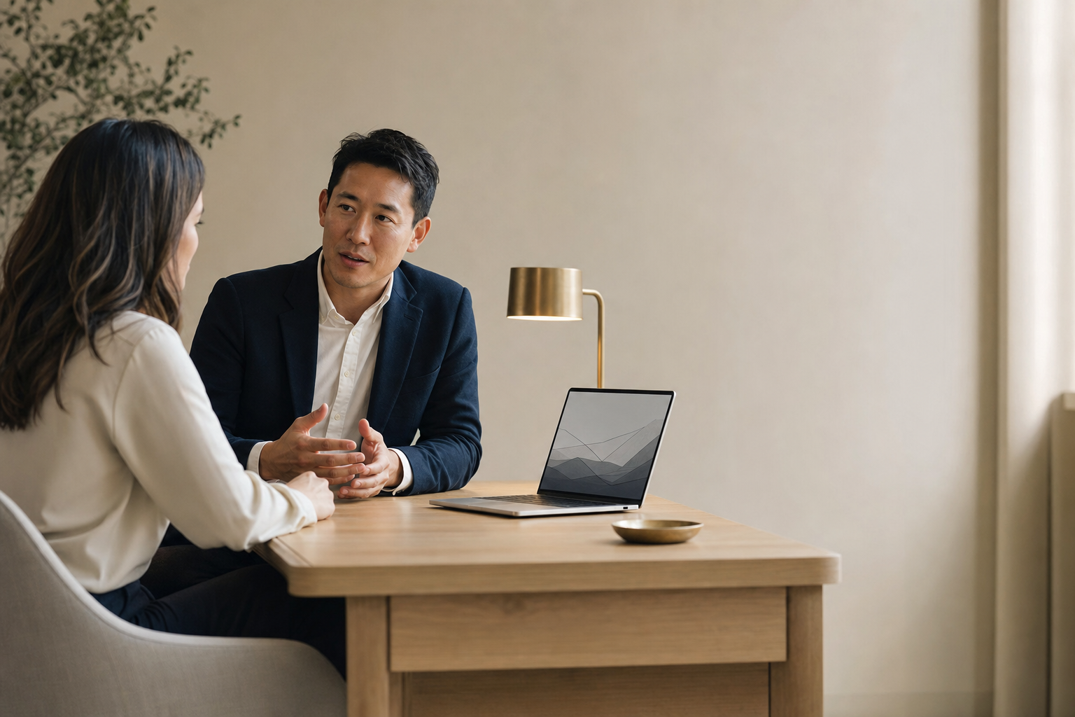Two professionals in a considered ongoing conversation across a light oak desk with a laptop and warm brass lamp.