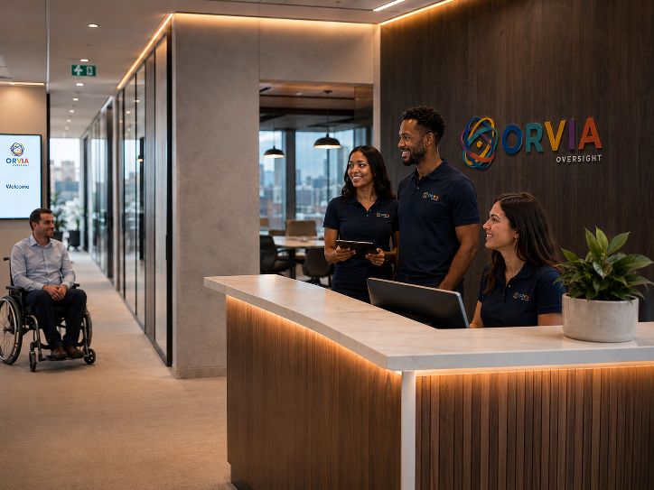Three ORVIA Oversight reception staff in branded polo shirts behind an illuminated timber welcome desk, greeting a wheelchair user at the entrance, with the ORVIA Oversight wordmark on the wall and a Welcome screen visible on the left