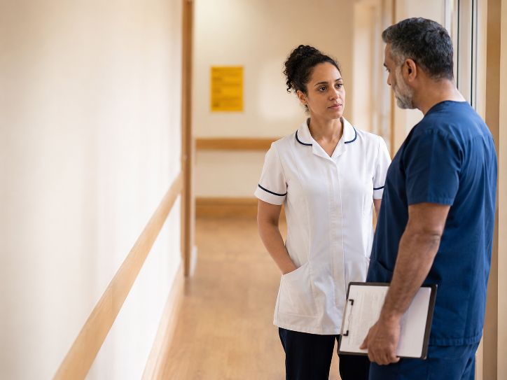 A nurse and a clinician talking in a hospital corridor