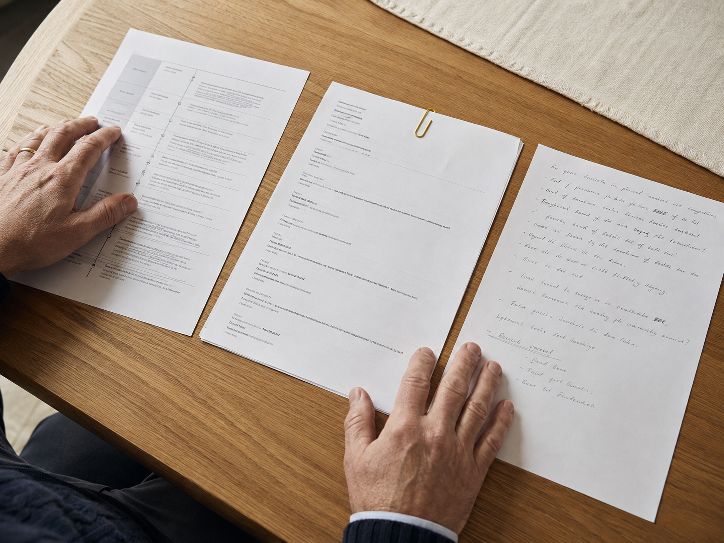 Records and a hand-written witness note laid out on a desk with a gold paperclip
