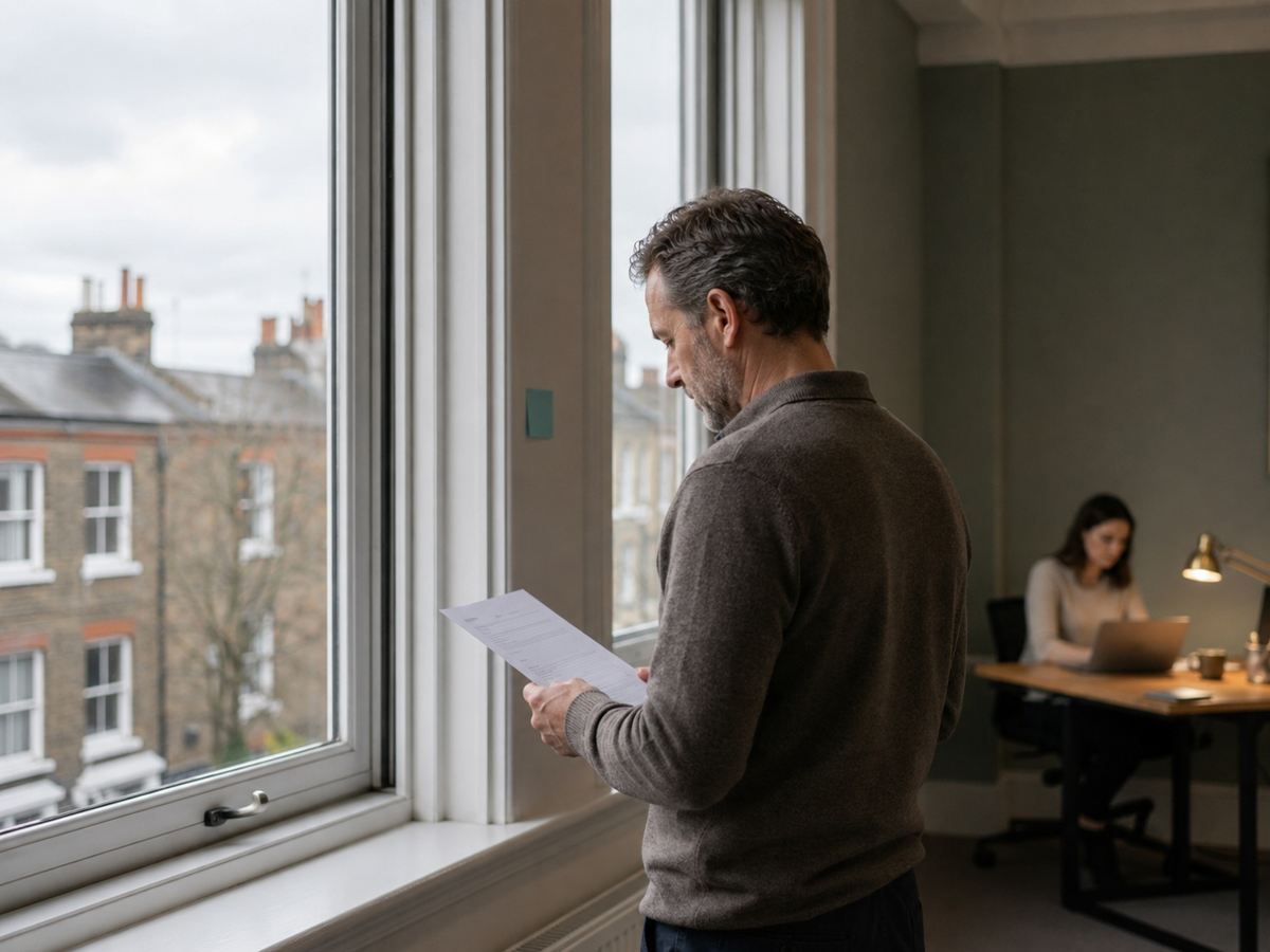 A practitioner stands at a first-floor window in a quiet UK office, looking down at a single sheet of paper. A small teal sticky note is fixed to the window frame.