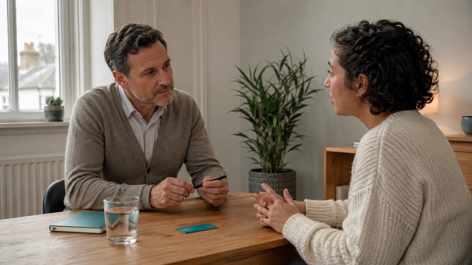 An ORVIA practitioner and a client speaking calmly across a small oak table, a single teal card on the table between them.