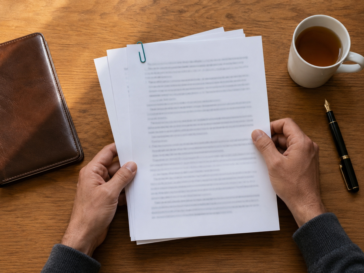 Overhead view of an oak desk. Two hands review three A4 pages held together by a small teal paperclip, beside a closed leather notebook and a mug of tea.