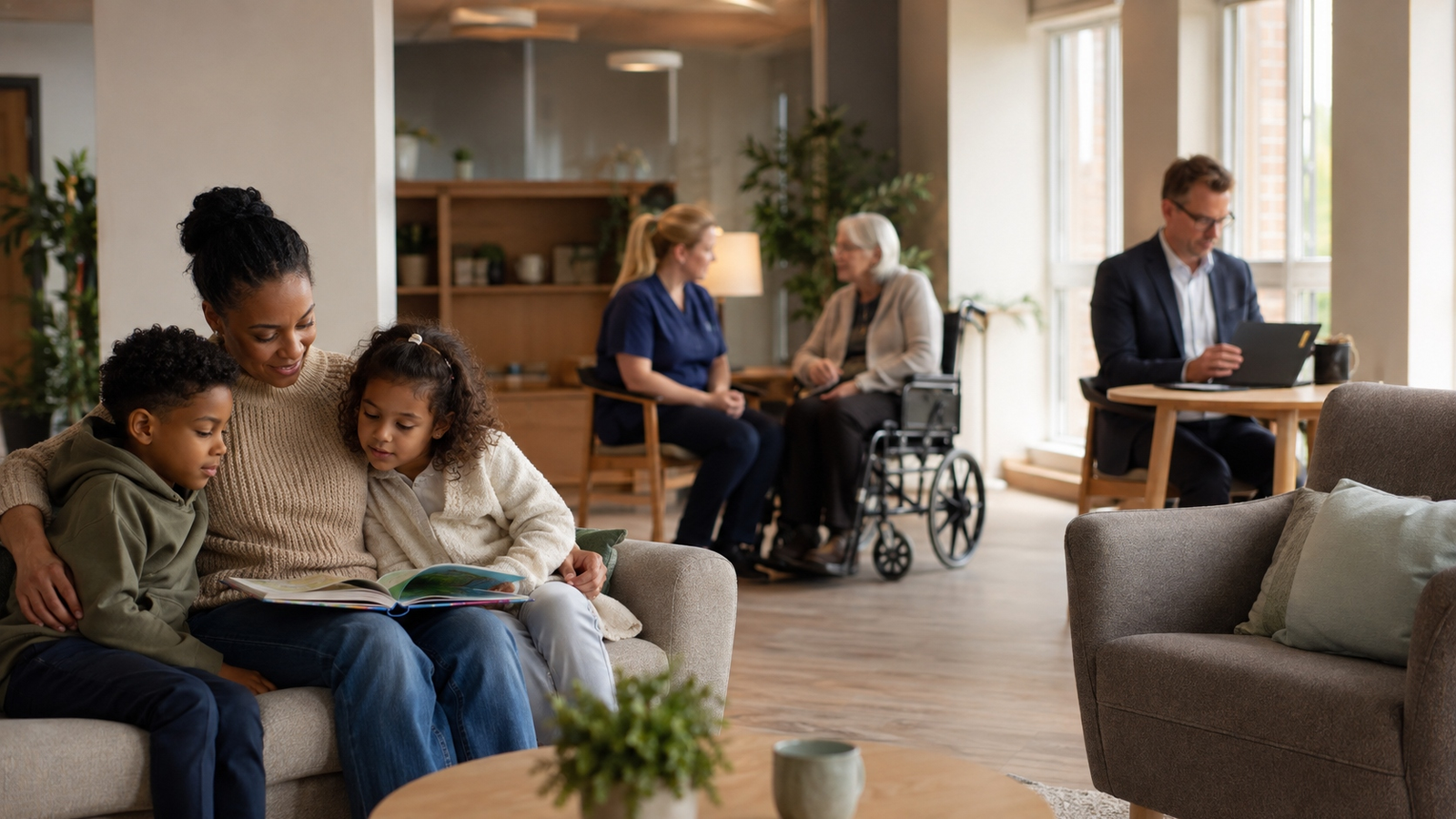 A calm UK community-building interior. A family reads together on a sofa in the foreground, a care professional talks quietly with an older resident in a wheelchair in the mid-ground, and a commissioner works at a small table by tall windows in the background.