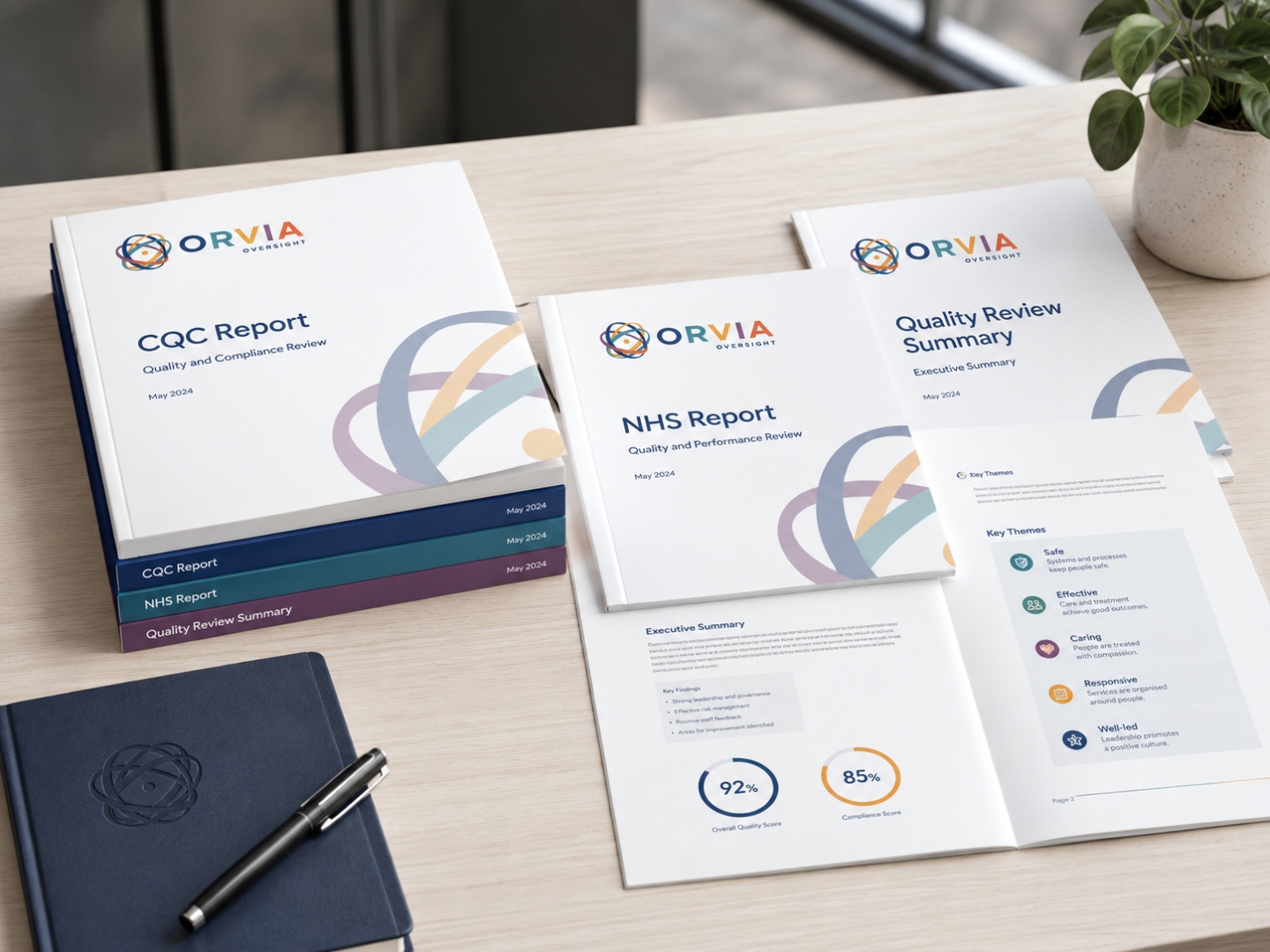 Stack of ORVIA review reports with a quality review summary card.