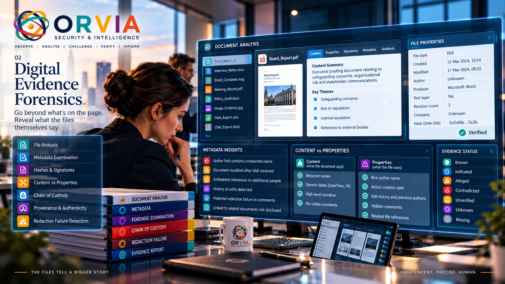 ORVIA Security and Intelligence illustration of a professional examining documents, metadata and evidence.