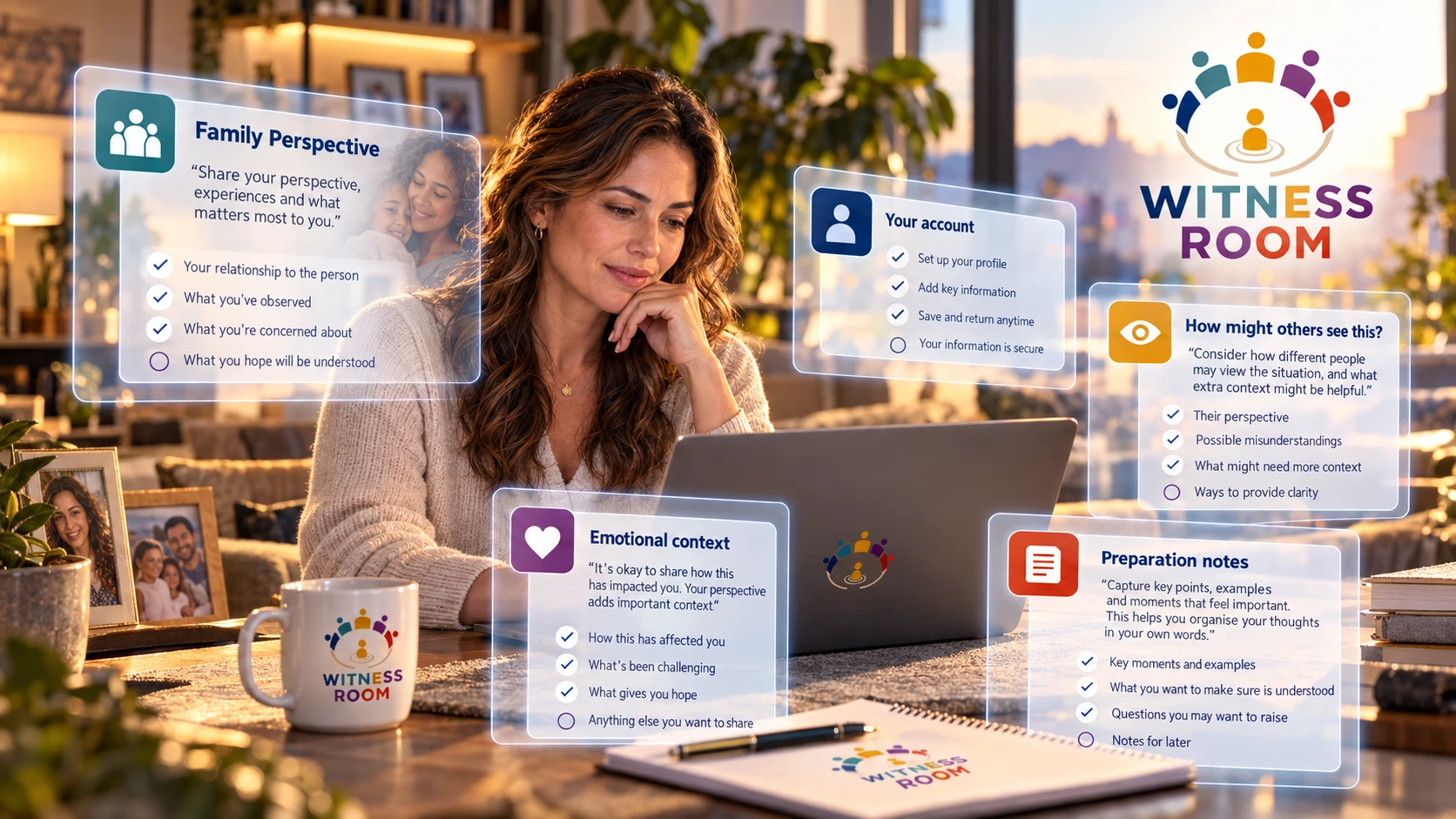 Witness Room family-perspective illustration of a woman organising an account at her laptop.