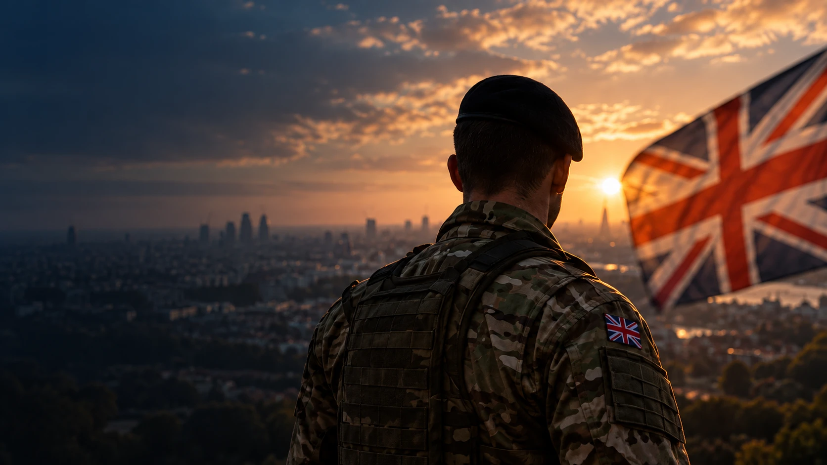 British serviceperson in camouflage and a beret looking towards the horizon beside the Union Flag.